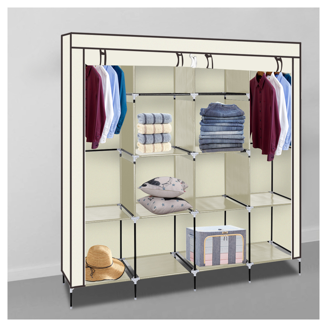 67" Clothes Closet Portable Wardrobe Clothes Storage Rack 12 Shelves 4 Side Pockets Beige