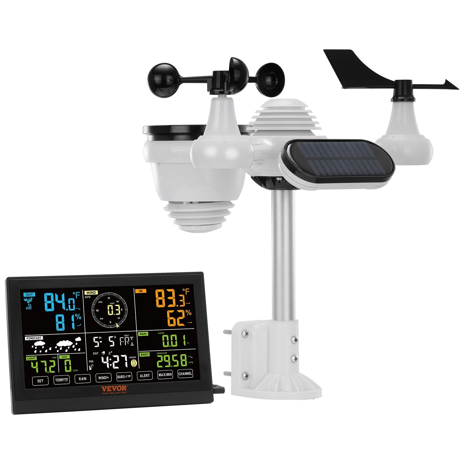 7-in-1 Wireless Weather Station, 7.5 in Color Display, Digital Weather Station Indoor Outdoor, for Temperature Humidity Wind Speed etc.