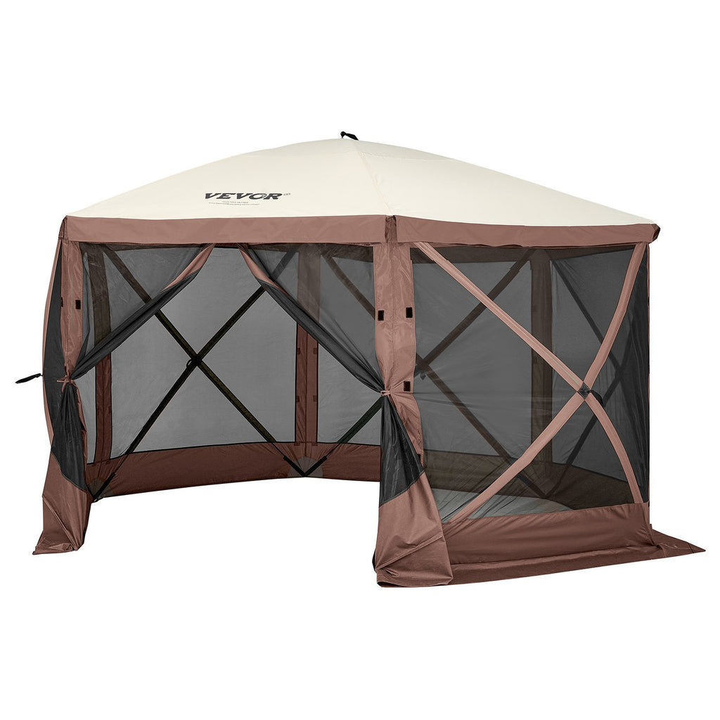 Pop Up Gazebo Tent, Pop-Up Screen Tent 6 Sided Canopy Sun Shelter , Brown