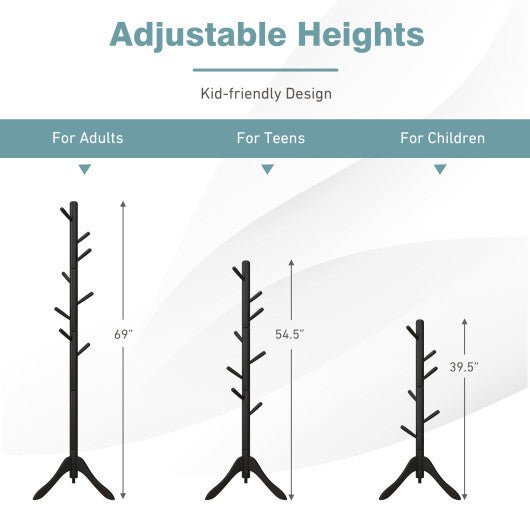 Adjustable Wooden Tree Coat Rack with 8 Hooks - Black - Color: Black - LAWendy