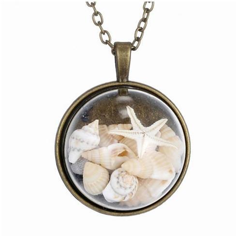 BEACH GIRL Sea Shells In Glass Locket Pendant Necklace - LAWendy