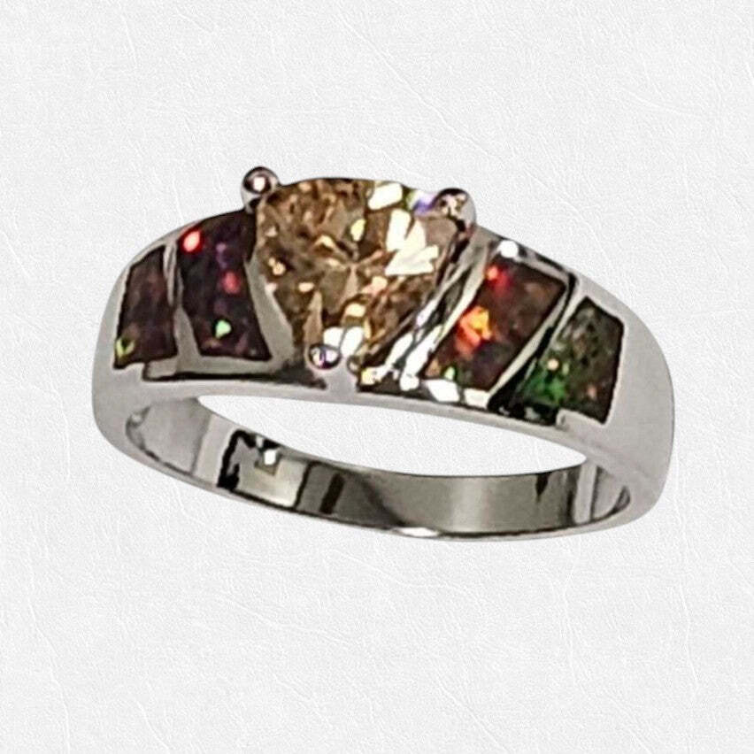 Color: CHAMPAGNE RED,Size: Ring Size - 10 - Opal Love Silver Rings With CZ In 5 Colors - LAWendy