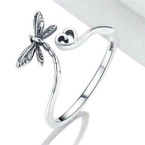 Dragonfly with Heart Open - end Wholesale 925 Sterling Silver Ring - LAWendy
