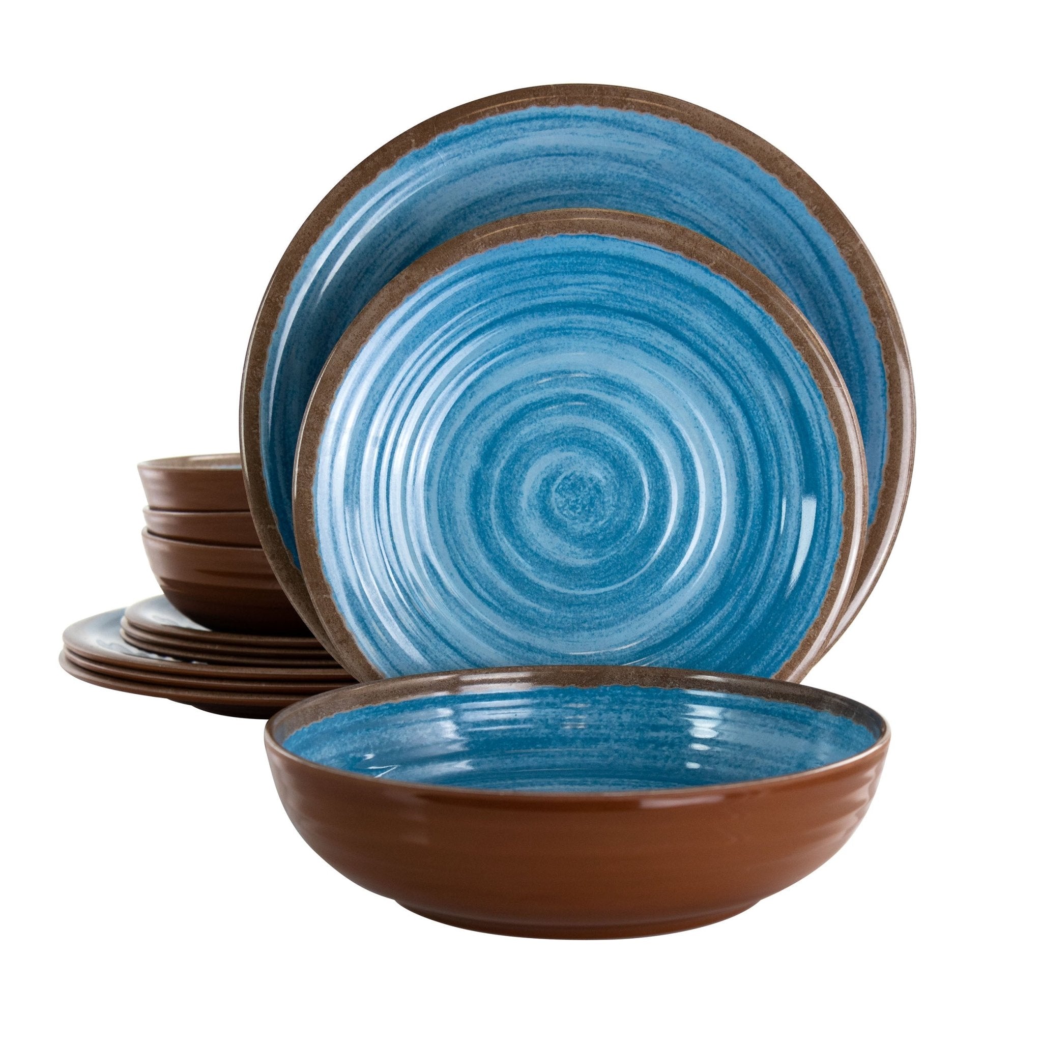 Elama Rippled Tides 12 Piece Lightweight Melamine Dinnerware Set in Blue - LAWendy