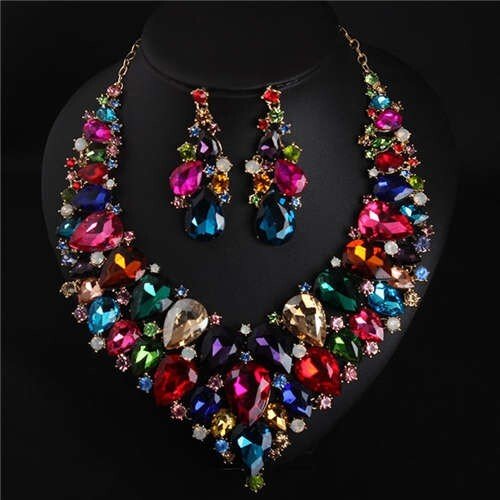 Evening Dress Jewelry Sparkling Crystal Glass Gem Exaggerated Luxury Costume Necklace and Earring Set - Multicolor - LAWendy