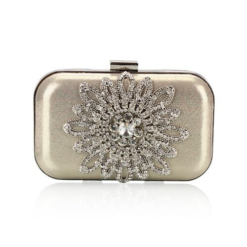 Luxurious Rhinestones Combined Sun Flower Attached Design Fashion Evening Handbag - Light Golden