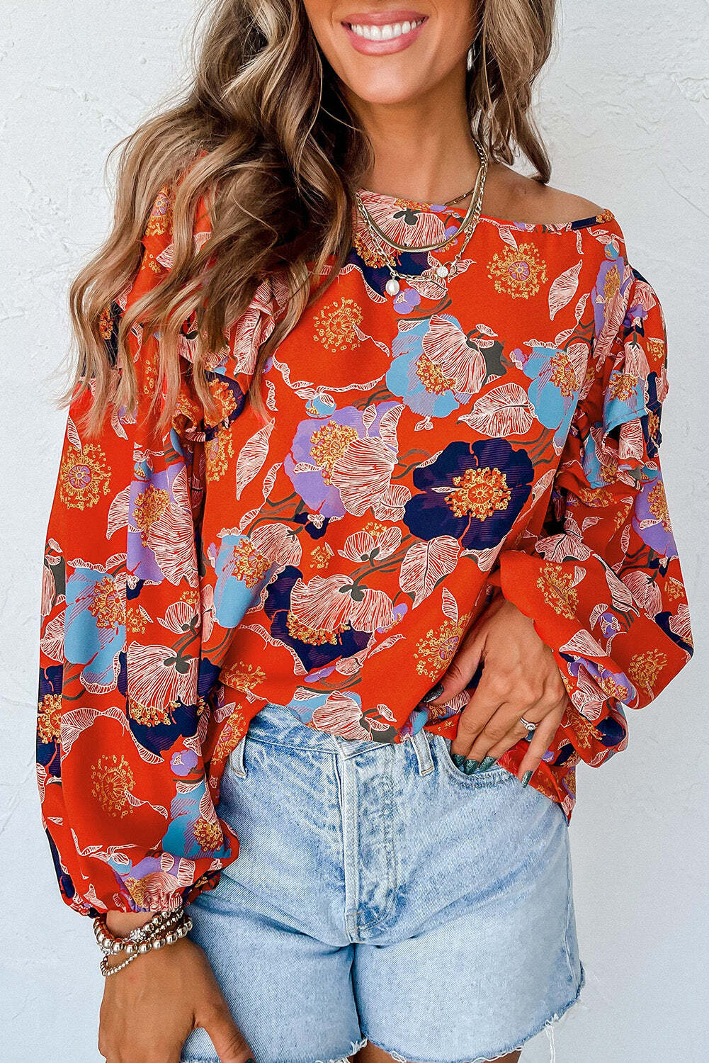 Fiery Red Floral Print Ruffle Puff Sleeve Blouse - LAWendy