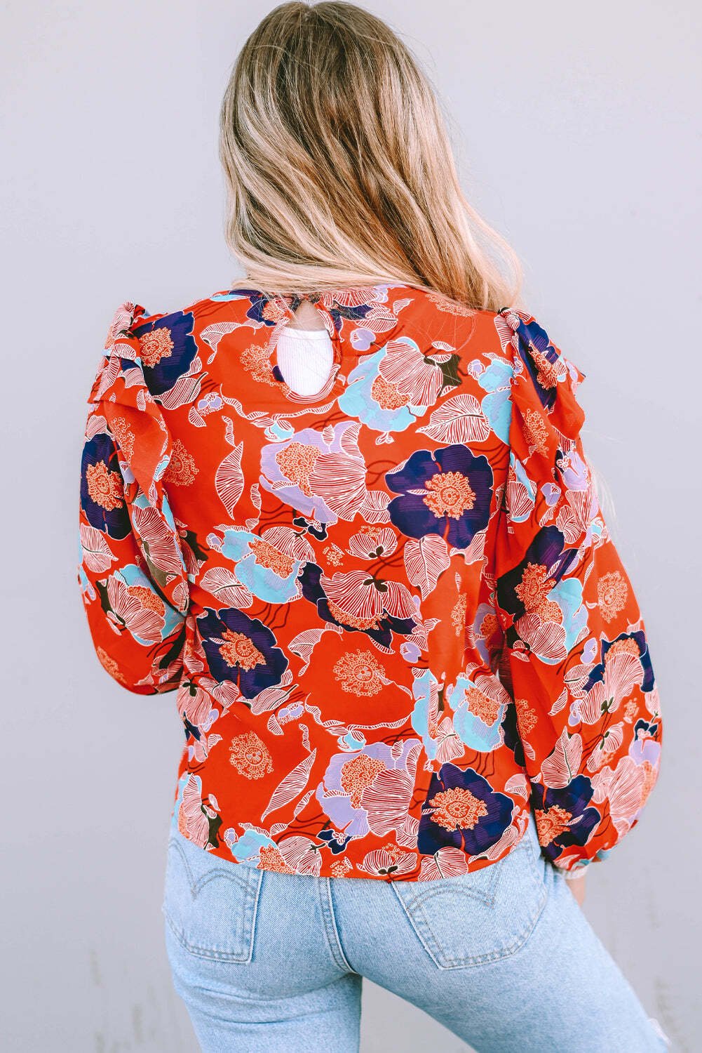 Fiery Red Floral Print Ruffle Puff Sleeve Blouse - LAWendy