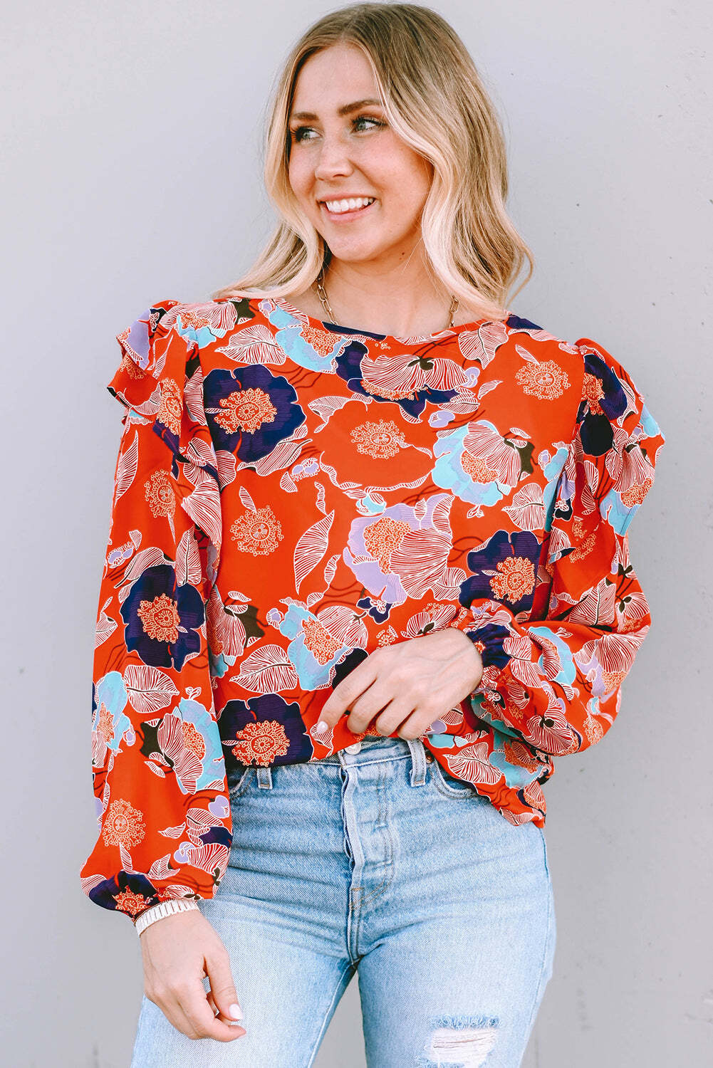 Fiery Red Floral Print Ruffle Puff Sleeve Blouse - LAWendy