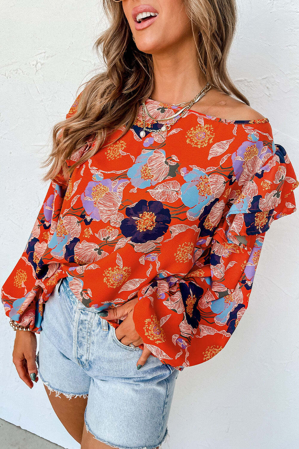 Fiery Red Floral Print Ruffle Puff Sleeve Blouse - LAWendy
