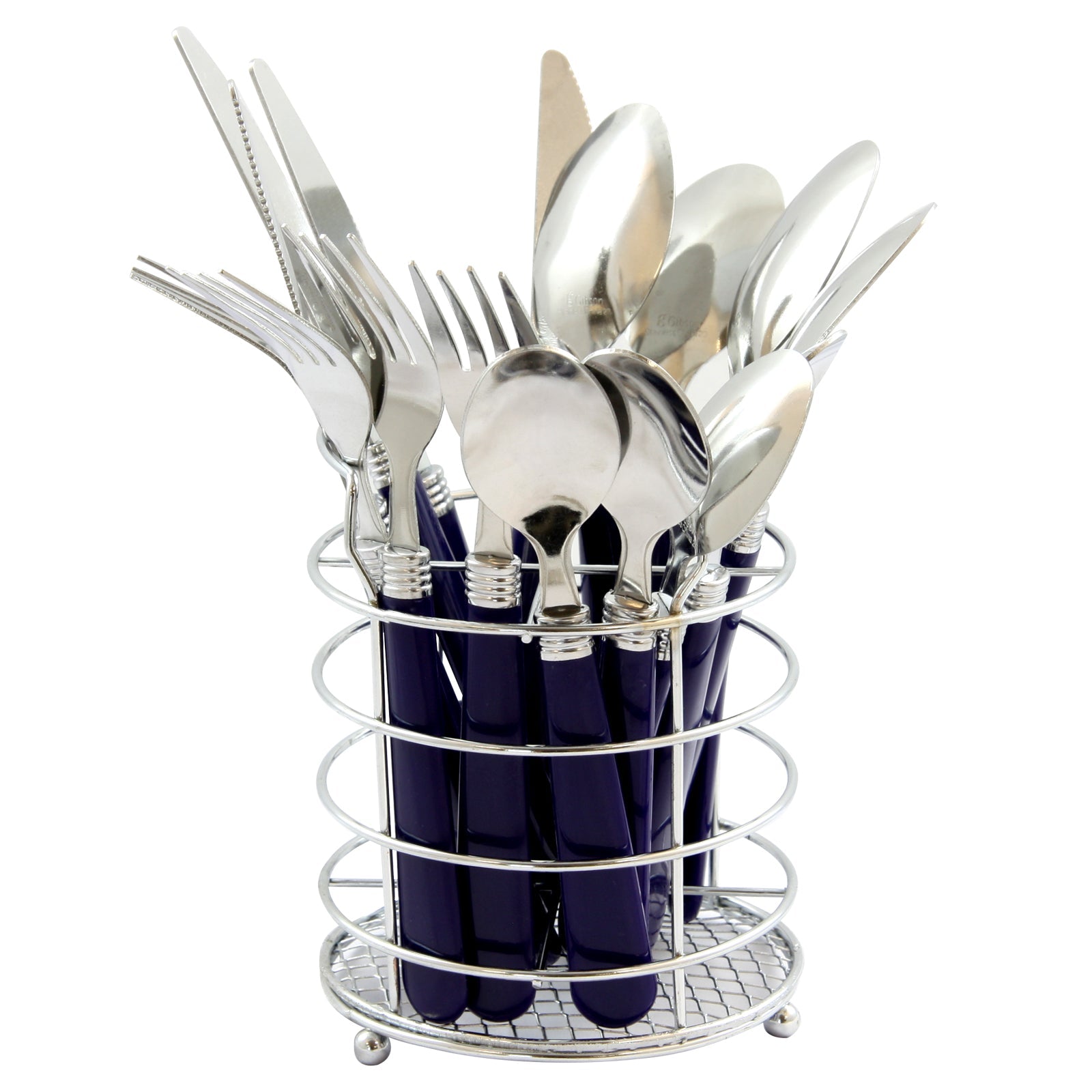 Gibson Sensations II 16 Piece Stainless Steel Flatware Set with Cobalt Handles and Chrome Caddy - LAWendy
