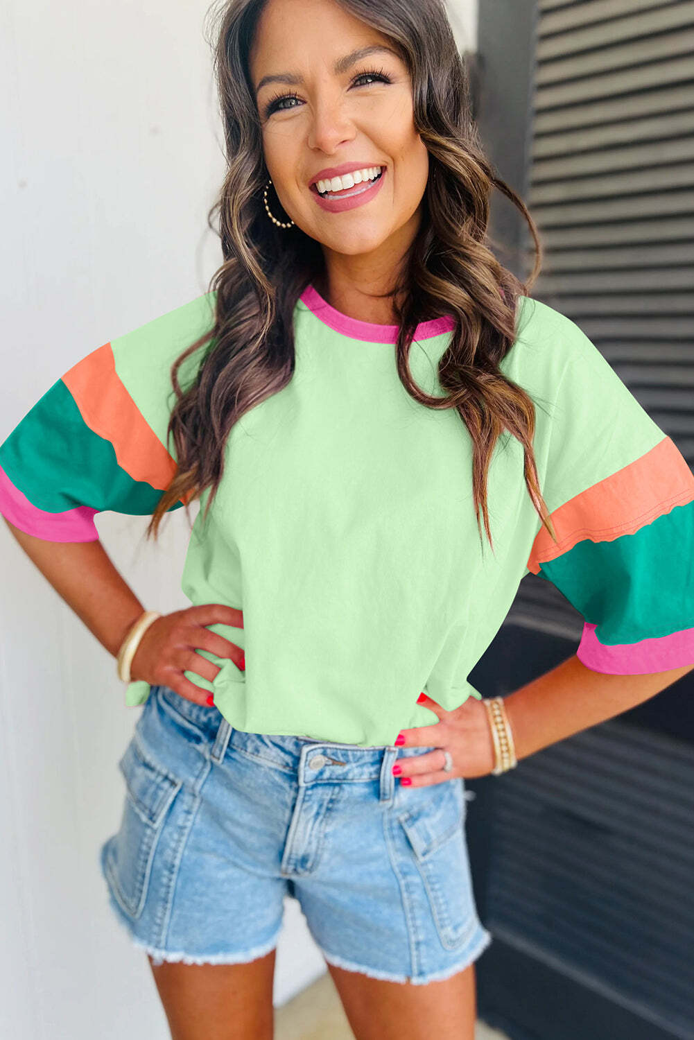 Green Color Block Stitching Sleeve Round Neck Oversize Top - LAWendy