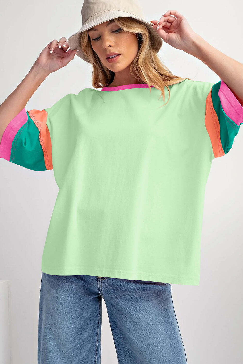 Green Color Block Stitching Sleeve Round Neck Oversize Top - LAWendy