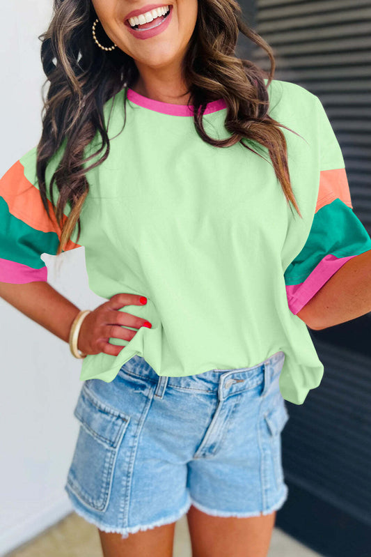Green Color Block Stitching Sleeve Round Neck Oversize Top - LAWendy