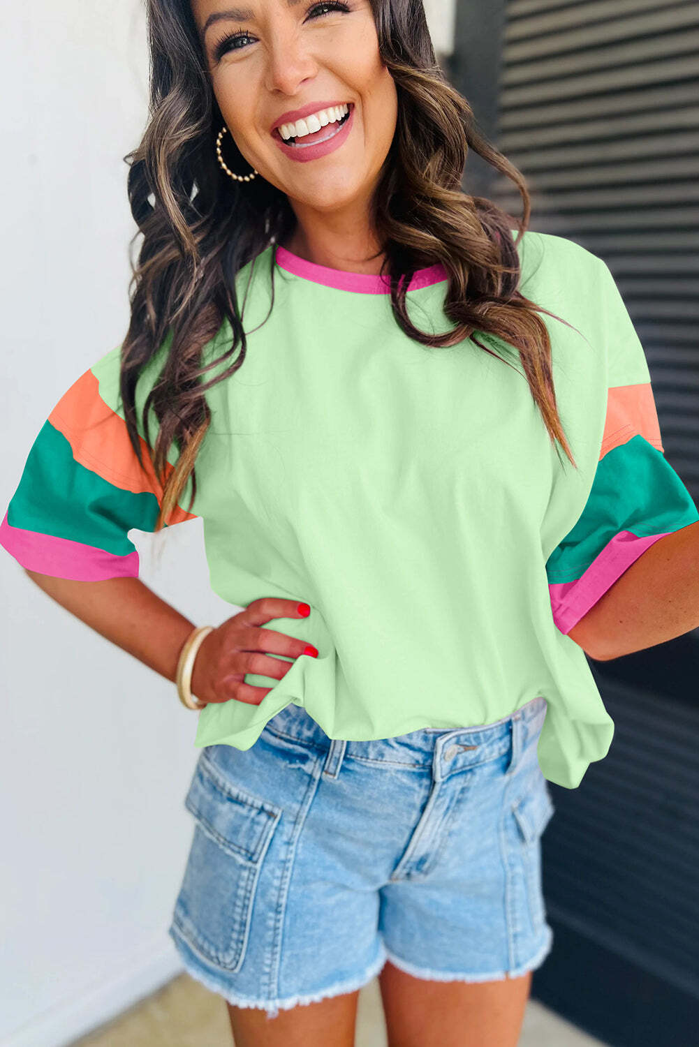 Green Color Block Stitching Sleeve Round Neck Oversize Top - LAWendy