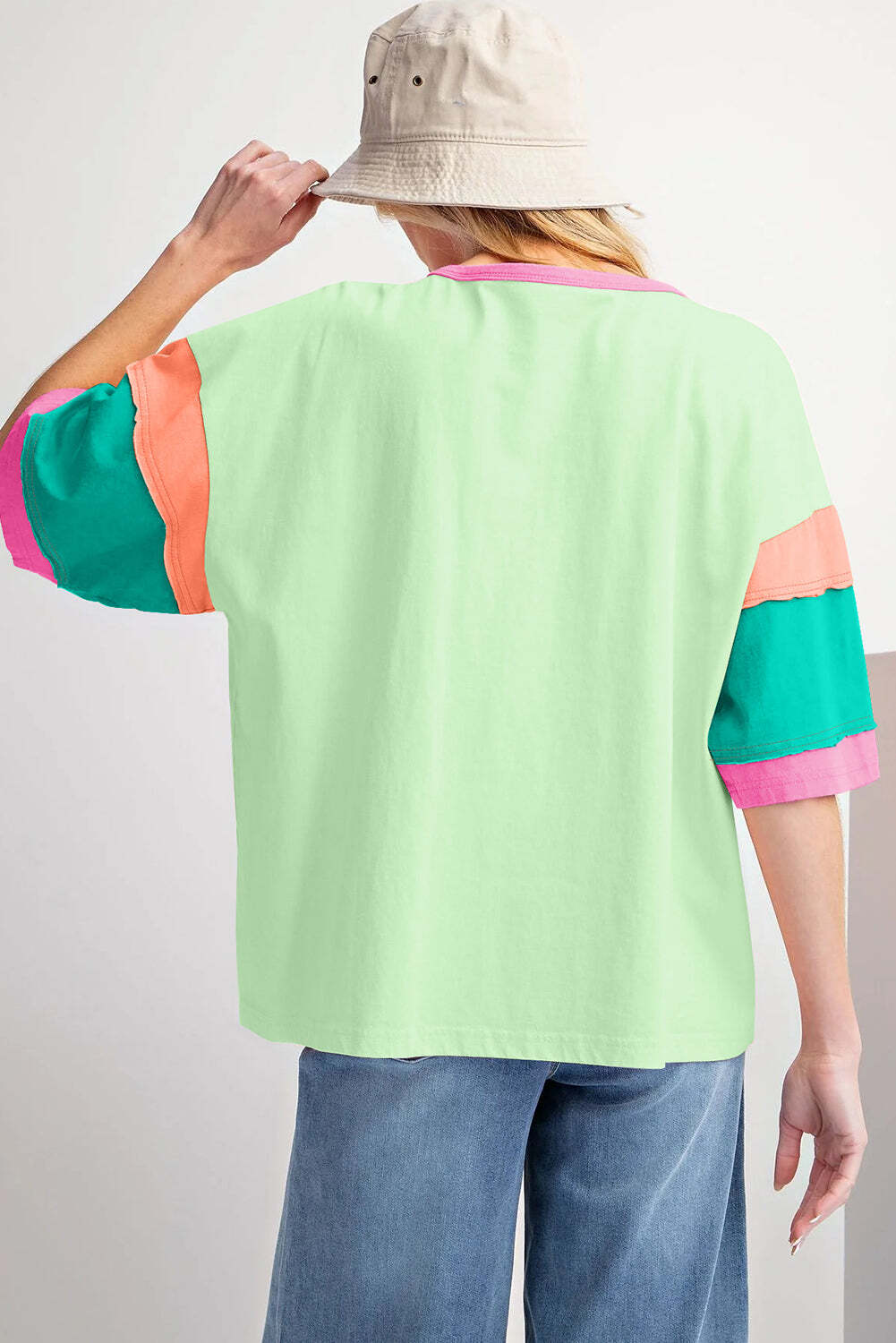 Green Color Block Stitching Sleeve Round Neck Oversize Top - LAWendy