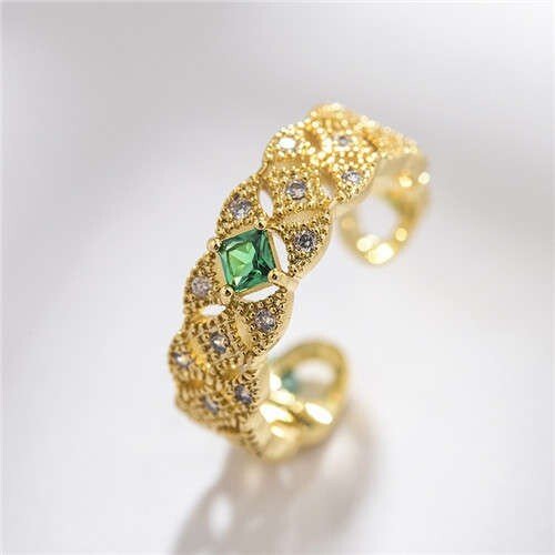 Green Gem Inlaid Delicate Rhinestone Internet Celebrity Choice 18K Rose Gold Plated Ring - LAWendy
