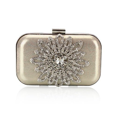 Luxurious Rhinestones Combined Sun Flower Attached Design Fashion Evening Handbag - Light Golden - LAWendy