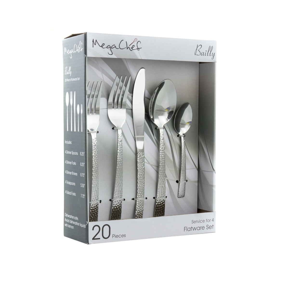 MegaChef Baily 20 Piece Flatware Utensil Set, Stainless Steel Silverware Metal Service for 4 in Silver - LAWendy