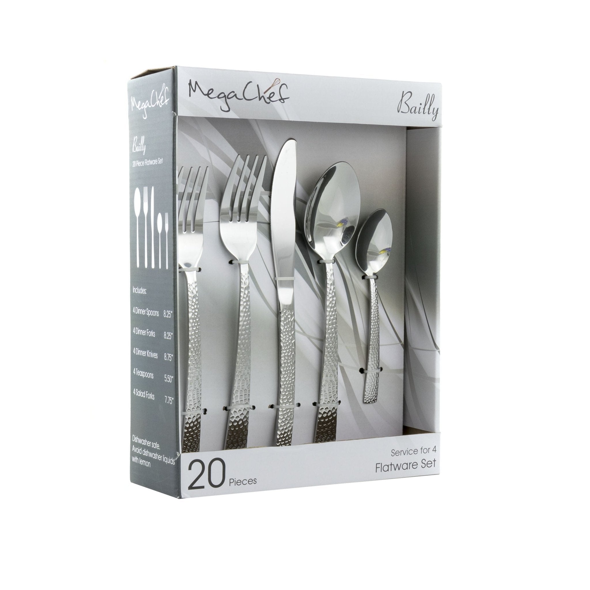 MegaChef Baily 20 Piece Flatware Utensil Set, Stainless Steel Silverware Metal Service for 4 in Silver - LAWendy