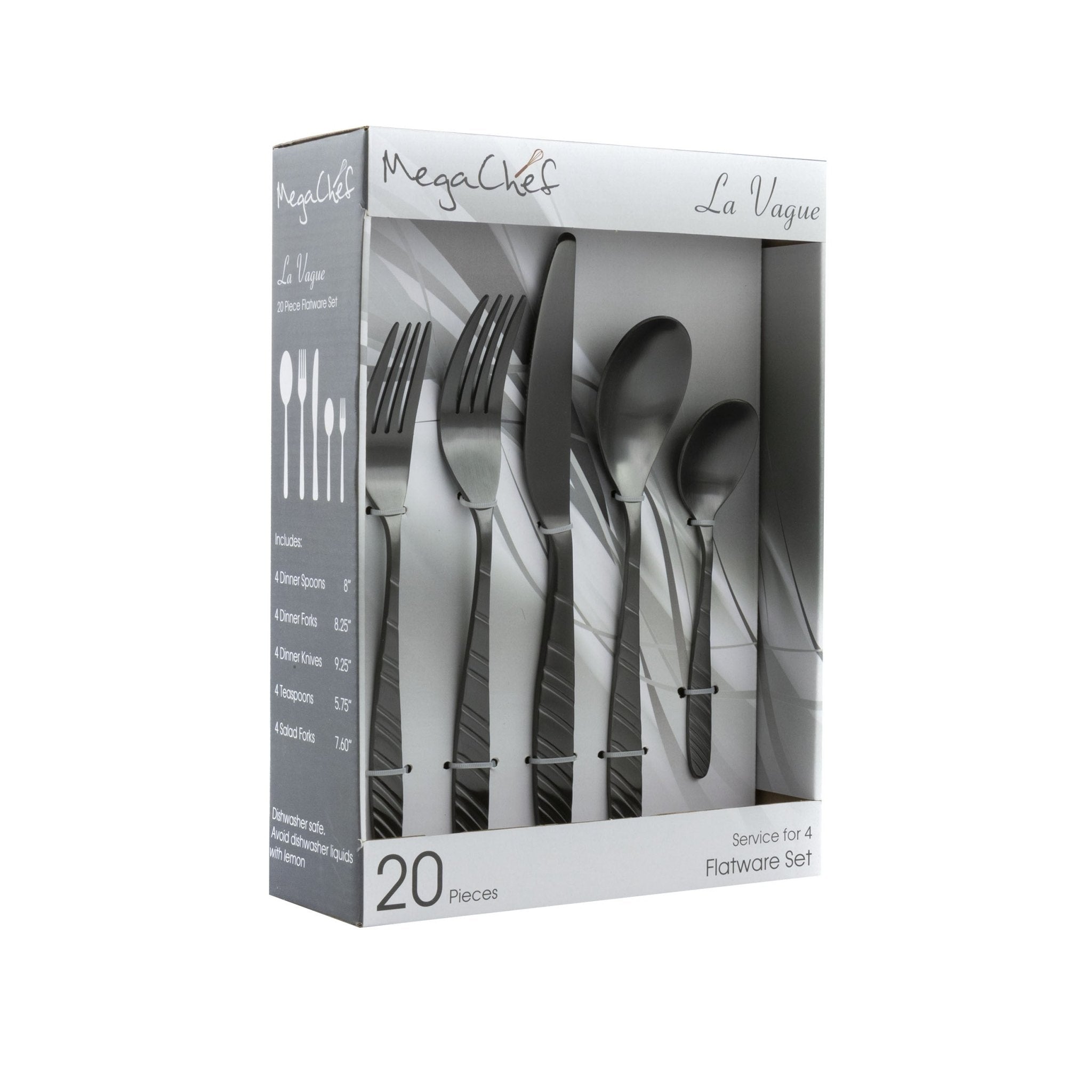 MegaChef La Vague 20 Piece Flatware Utensil Set, Stainless Steel Silverware Metal Service for 4 in Matte Black - LAWendy