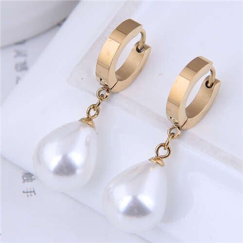 Pearl Fashion Minimalist Design Wholesale Jewelry Women Huggie Ear Dangle Studs - Golden - LAWendy