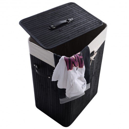 Rectangle Bamboo Hamper Laundry Basket Washing Cloth Bin Storage Bag Lid 3 color - Black - Color: Black - LAWendy
