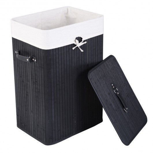Rectangle Bamboo Hamper Laundry Basket Washing Cloth Bin Storage Bag Lid 3 color - Black - Color: Black - LAWendy