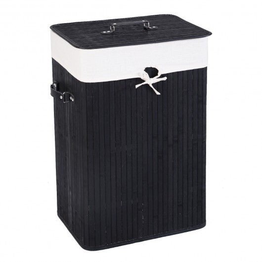 Rectangle Bamboo Hamper Laundry Basket Washing Cloth Bin Storage Bag Lid 3 color - Black - Color: Black - LAWendy