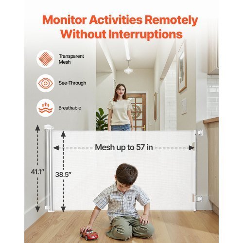 Retractable Baby Gate, Extends to 57 inch Wide, 38.5 inch Tall, with Security Lock, Easy to Use, Walk Through Without Tripping, Mesh Dog Gate for Stairs, Hallways, Indoor/Outdoor, White - LAWendy