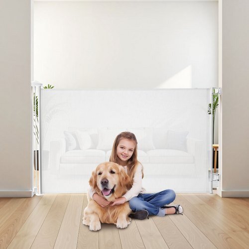 Retractable Baby Gate, Extends to 57 inch Wide, 38.5 inch Tall, with Security Lock, Easy to Use, Walk Through Without Tripping, Mesh Dog Gate for Stairs, Hallways, Indoor/Outdoor, White - LAWendy