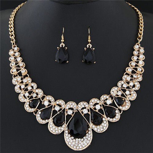 Shining Waterdrops Fashion Collar Necklace and Earrings Set - Black - LAWendy