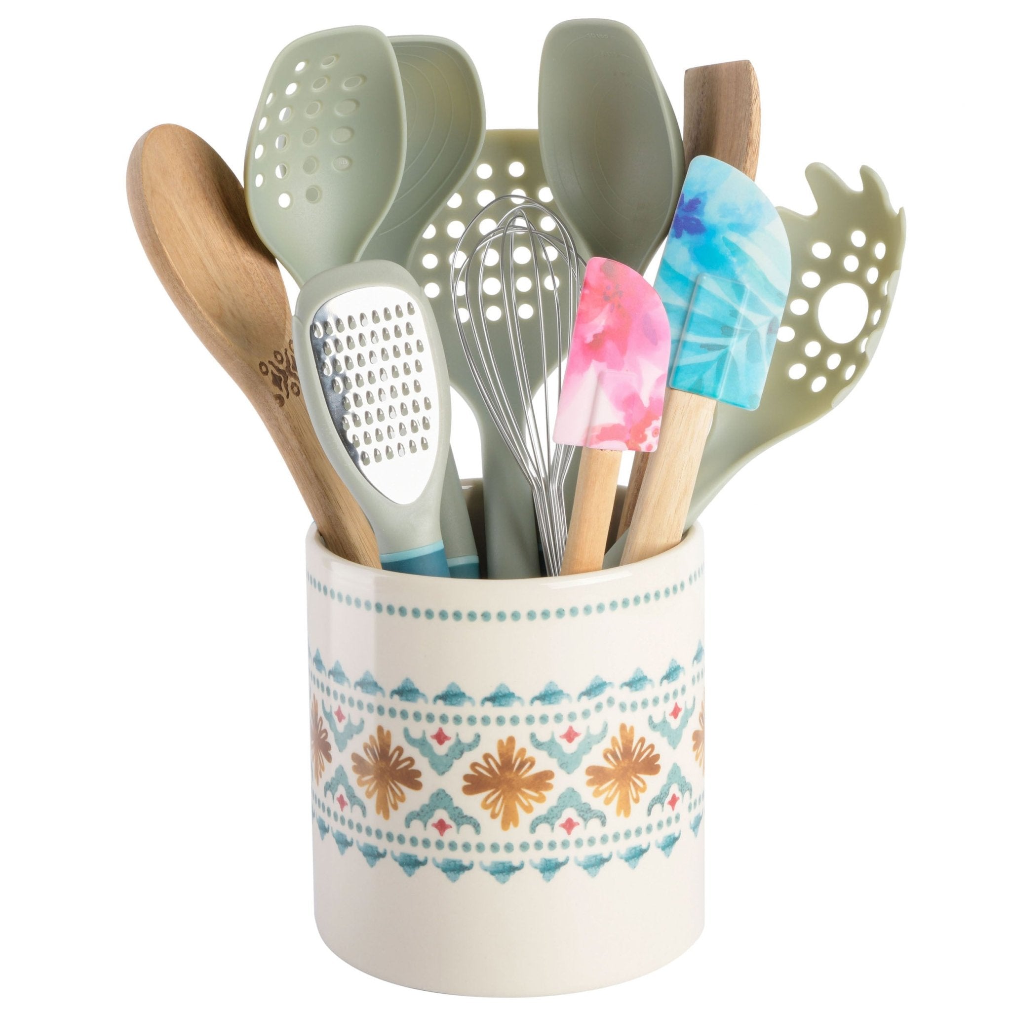 Spice by Tia Mowry Savory Saffron 12 Piece Wood and Nylon Kitchen Tool Set with Ceramic Crock - LAWendy