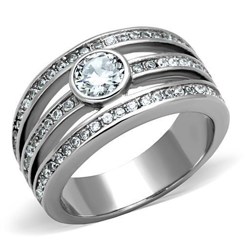 TK1525 - High polished (no plating) Stainless Steel Ring with AAA Grade CZ in Clear - LAWendy