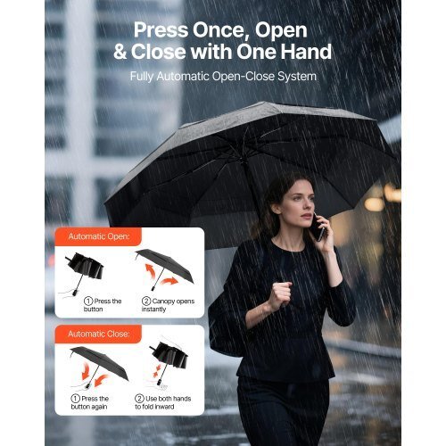 Travel Umbrella, 42 in Portable Compact Umbrellas, Automatic Open - Close (Black) - LAWendy