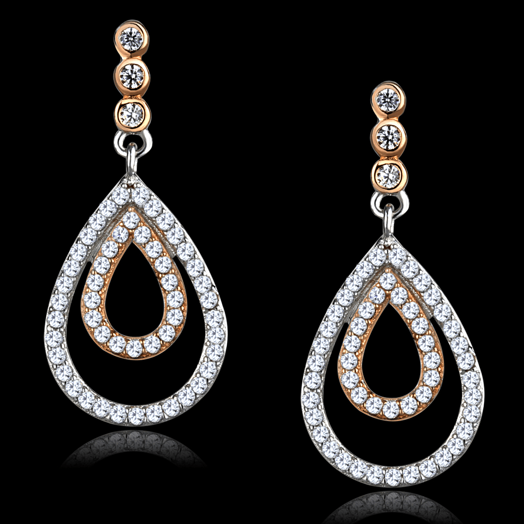 TS548 - Rose Gold + Rhodium 925 Sterling Silver Earrings with AAA Grade CZ in Clear - LAWendy