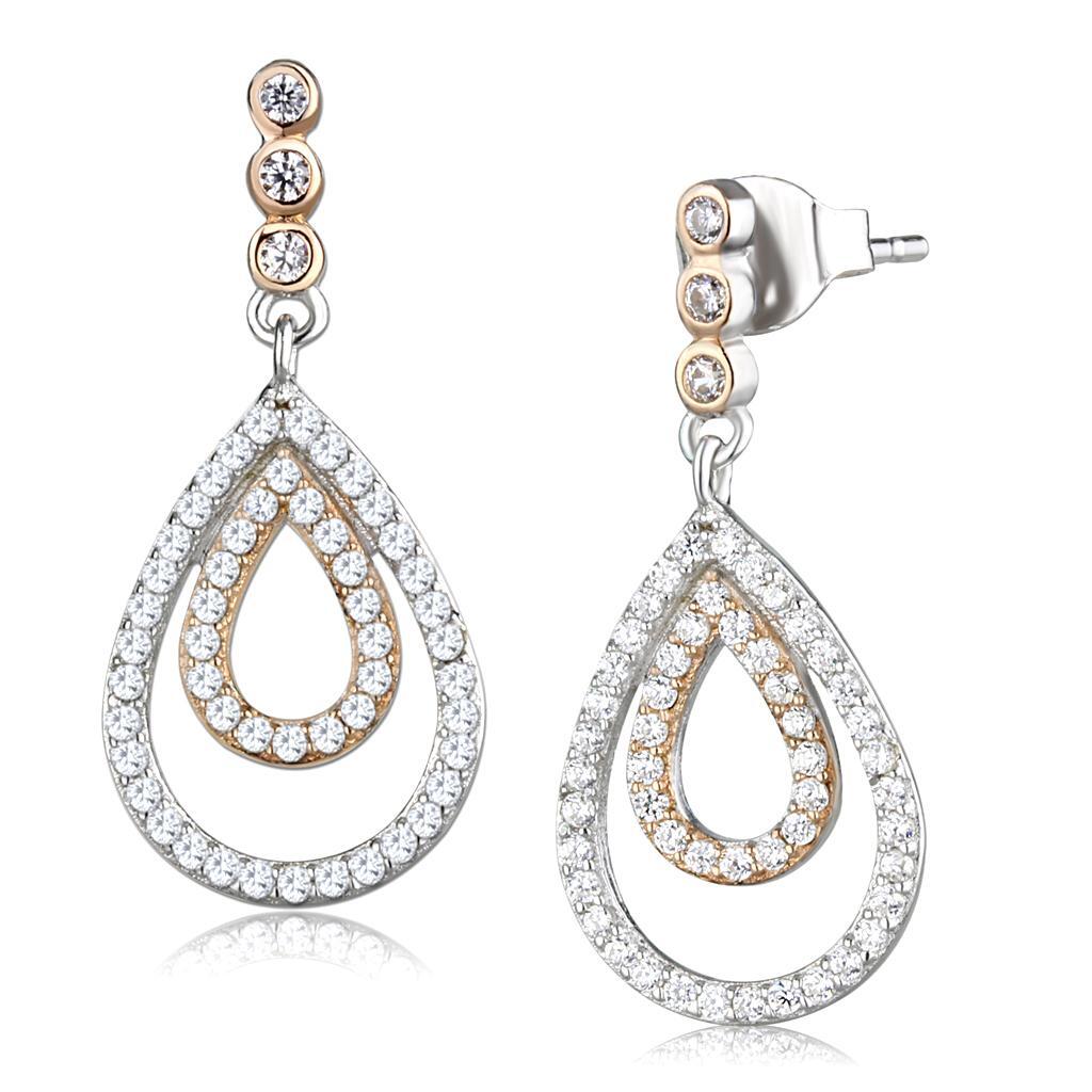 TS548 - Rose Gold + Rhodium 925 Sterling Silver Earrings with AAA Grade CZ in Clear - LAWendy