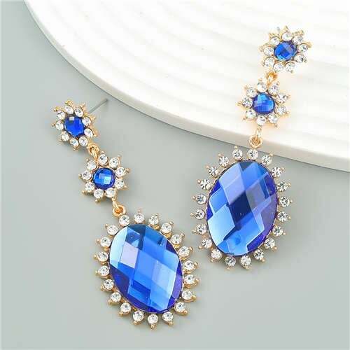 Vintage Elegant Royal Court Style Oval Pendant Sunflower Wholesale Earrings - Blue - LAWendy