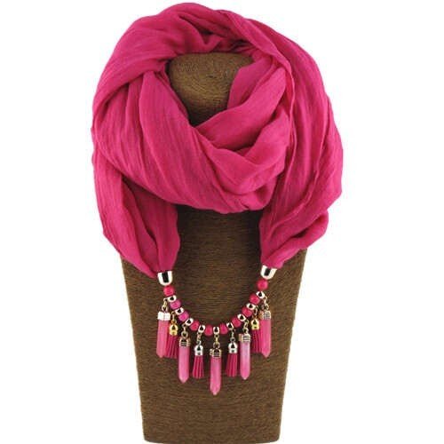 Waterdrops Tassel and Beads Decorated Solid Color Cotton Women Scarf Necklace - Rose - LAWendy